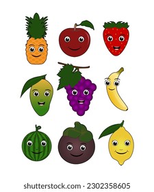 fruits set character vector fun. pineapple apple strawberry mango grape banana watermelon mangosteen lemon