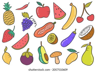 fruits set collection doodle hand drawn set collections with flat outline style