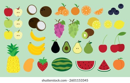 Fruits, set of different types of fruits, clipart, vector illustration