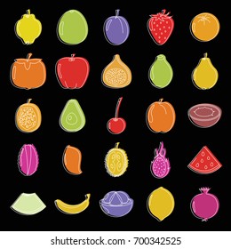 Fruits set doodle vector illustration for design and web isolated on black background. Fruits vector object for labels, logos and advertising