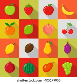 Fruits Set of flat icons.fresh, natural fruits.Isolated. Cartoon style. Vegetarian. Market. Collection. Vector illustration.