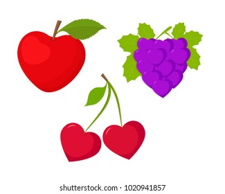 Fruits set, fruits in the form of heart, apple, grape and cherry, isolated on white background, design element for holiday, wedding, Valentines day