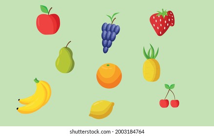 Obstgarten. Früchte für Smoothies. Früchte für Saft. Früchte gesunde Lebensmittel. Gesunder Lebensstil. Symbole für die Website. Banner. Zeichnung für den Laden. Apfel, Birnen, Banane, Kirschen, Ananas, Weintrauben, Erdbeeren, 