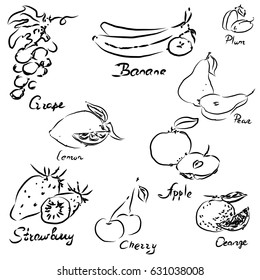 Fruits set (grape, pear, plum, orange, lemon, cherry, apple, strawberry, banana). Vector illustration on white background. Black & white.
