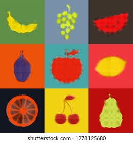 Fruits set. Halftone colorful fruits and berries. Vegetarian food banner.  Pop art illustration with fruits. Vector illustration