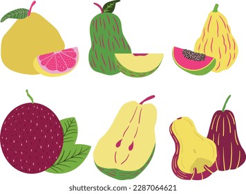 Icono de juego de frutas. Peras, peras, kiwi, guayaba, mango, pera. Ilustración del vector