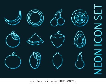 Fruits set icons. Blue glowing neon style.