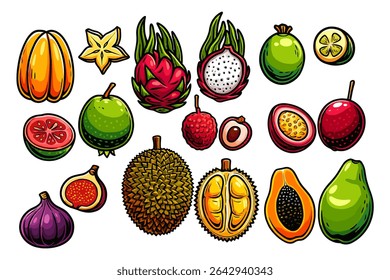 Conjunto de frutas Ilustraciones Fruta estrella Dragón Fruta durian papaya