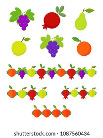Fruits set, isolated apple, pomegranate, orange, grape, pear and fruits brushes for creating garlands