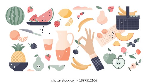 Fruits set as isolated exotic food elements for healthy eating diet theme. Vitamin nutrition elements collection vector illustration. Mix with eating theme assets or fresh and tasty sweet products.