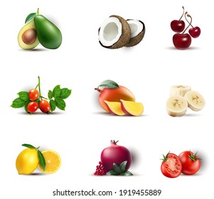 Frutas aisladas Vector realista. Mango, coco, aguacate 3d Ilustración detallada