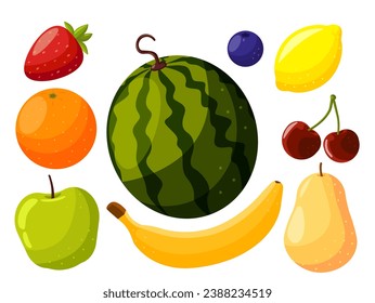 fruits set. set of juicy fruits and berries. set of fruits and berries. watermelon, apple, blueberry, cherry, strawberry, pear, orange, lemon and banana, on a white background.