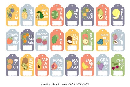 Fruits set of labels, price tags of fruit posters in a bright minimalistic style.