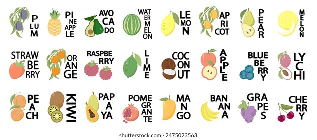 Conjunto de etiquetas de frutas, etiquetas de Precio de posters de frutas en un estilo minimalista brillante.