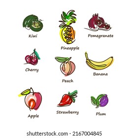 Fruits set, line drawing, kiwi, pineapple, pomegranate, cherry, peach, banana, apple, strawberry and plum, a couple of fruits, with captions on a white background, acrylic painting, doodle style