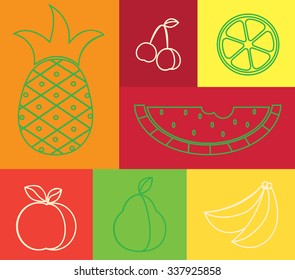 Fruits set line drawings vector. Pineapple, apple, pear, lemon, cherry, watermelon, banana.