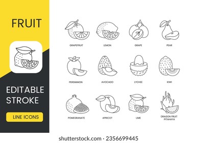 Fruits set line icons in vector, editable stroke. Dragon fruit or pitahaya, lime and apricot, pomegranate and kiwi, lychee and avocado, persimmon and pear, grape and lemon, grapefruit.