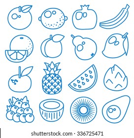 Fruits. Set of line icons. Vector illustration. Apple, lemon, pomegranate, banana, orange, peach, pear, mango, mandarin, pineapple, watermelon, pitaya, grape, coconut, kiwi, avocado