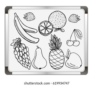 Fruits set on flip chart background. Free hand drawn. Vector illustration.