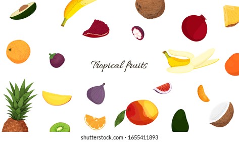 Fruits set on white background. Different Tropical exotic fruit in flat style. 
