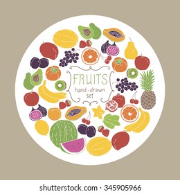 Fruits set on white circle background. Vector illustration.