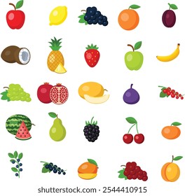 Fruits set on white. fruits including apple, lemon, raspberry, grape, orange, plum, coconut, pineapple, white currant, strawberry, banana, pomegranat, blackberry, melon, fig, lime, pear, cherry, kiwi.