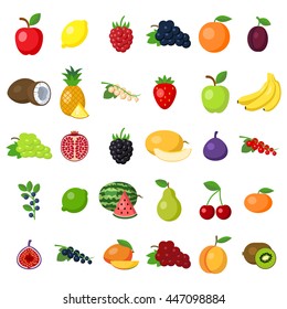 Fruits set on white. fruits including apple, lemon, raspberry, grape, orange, plum, coconut, pineapple, white currant, strawberry, banana, pomegranat, blackberry, melon, fig, lime, pear, cherry, kiwi.