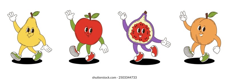 Fruits set in retro groovy style. Groovy retro characters of pear, apple, fig, peach.