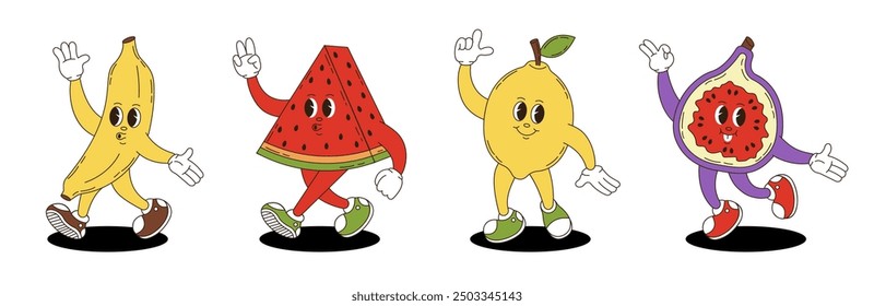 Fruits set in retro groovy style. Groovy retro characters of banana, watermelon, lemon, fig.