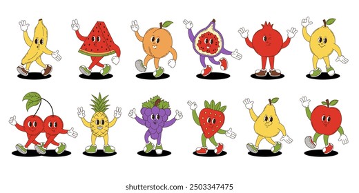 Fruits set in retro groovy style. Groovy retro characters of fruits.