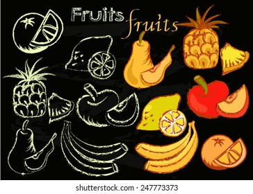 Fruits set. Sketch and color vector design.