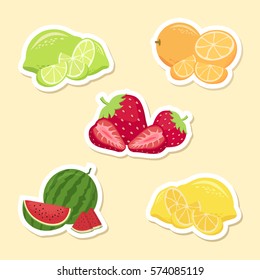 Fruits Set Sticker. Watermelon, Strawberry, Orange, Lemon, Lime. White Border Vector Illustration Cartoon
