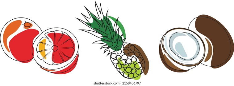 Juego de frutas, conjunto de iconos vectoriales. Dibujado - pomelo o naranja, piña, coco. Frutas tropicales. Hecho en colores vivos.
Para el menú de café, restaurantes, productos agrícolas, etiqueta.