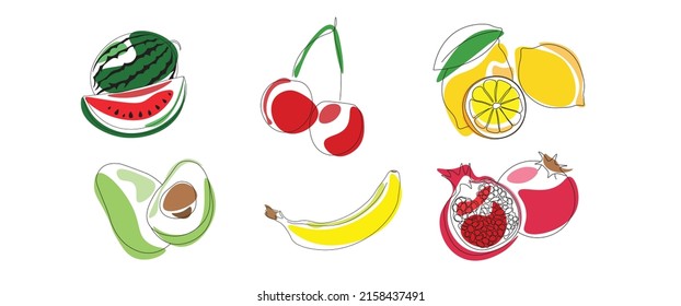 Fruits set, vector icons set. Drawn - avocado, whole, half, banana, watermelon slice,
lemon, pomegranate, cherry, sweet cherry, grapefruit or orange. Made in bright, juicy colors. For cafe menu
