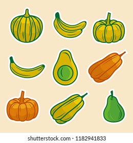 fruits set vector illustration with banana, avocado, pears and pumpkin