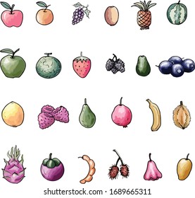 El conjunto de frutas es una ilustración vectorial, libre dibujado sobre fondo blanco, concepto de comida saludable.