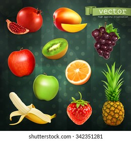 Fruits, set of vector illustrations on dark background