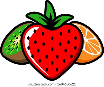 Fruits set vector illustrations. Orange, Kiwi, Strawberry.