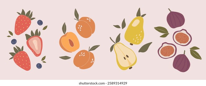 Fruits set vector, kitchen posters design cartoon, fresh fruits, vegetables