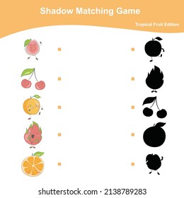 Fruits shadow Matching game worksheet. Tropical Fruits Edition. Educational activity for preschool kids. Vector illustration. Motoric movements.