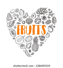 Fruits in the shape of a heart. Different elements. Hand drawn vector illustration. Can be used for cafe, farmers market, shop, bar, restaurant, poster, label, sticker, logo, badges.