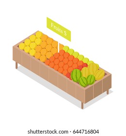 Fruits in shop showcase isometric vector illustration. Oranges and watermelons on supermarket shelve 3d model isolated on white. Grocery store equipment isometry for games, apps, icons, web design