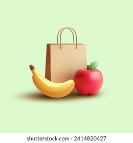 Fruits and shopping bag 3d vector with banana and red apple