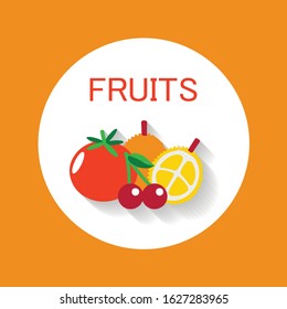 Fruits sign. Orange background design. Apple, cherries, durian icons / illustrations.