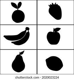 Fruits silhouette. Simple vector. Orange strawberry banana apple pear lemon