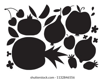 Fruits silhouettes hand drawn vector illustrations. Isolated on white background. Modern style elements for menu design, label, recipe, cook book. Detailed vector clipart.