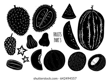 Fruits silhouettes hand drawn vector illustrations. Isolated on white background. Modern style elements for menu design, label, recipe, cook book. Detailed vector illustrations, clipart.