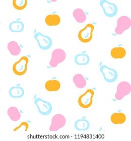 Fruits Simple Seamless Vector Pattern Primitive Style. Pastel Pink And Orange Color Apples And Pears For Textile Print And Screen Printing.