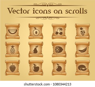 fruits simple vector icons on ancient scrolls