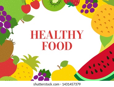 Fruits sketch menu frame. Healthy food. Color fresh apple, grapes, pineapple, watermelon, cherry, strawberry, kiwi and pear. Design template. Organic vegan market. Hand drawn sweet ingredients